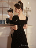 A Line Black Velvet Long Simple Floor Length Prom Dress, Black Velvet Prom Dresses