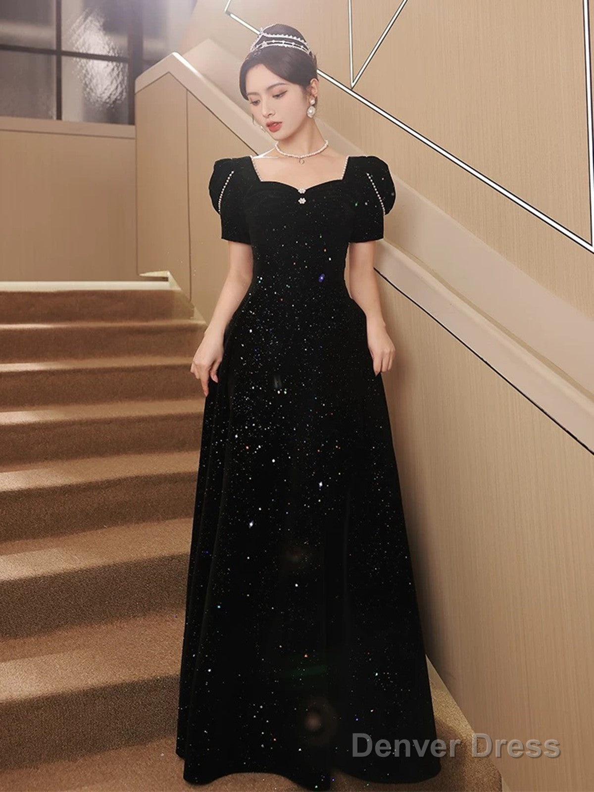 A Line Black Velvet Long Simple Floor Length Prom Dress, Black Velvet Prom Dresses