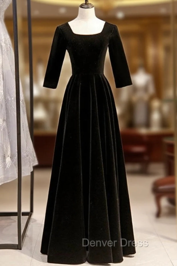 A Line Black Velvet Square Short Sleeve Prom Dresses