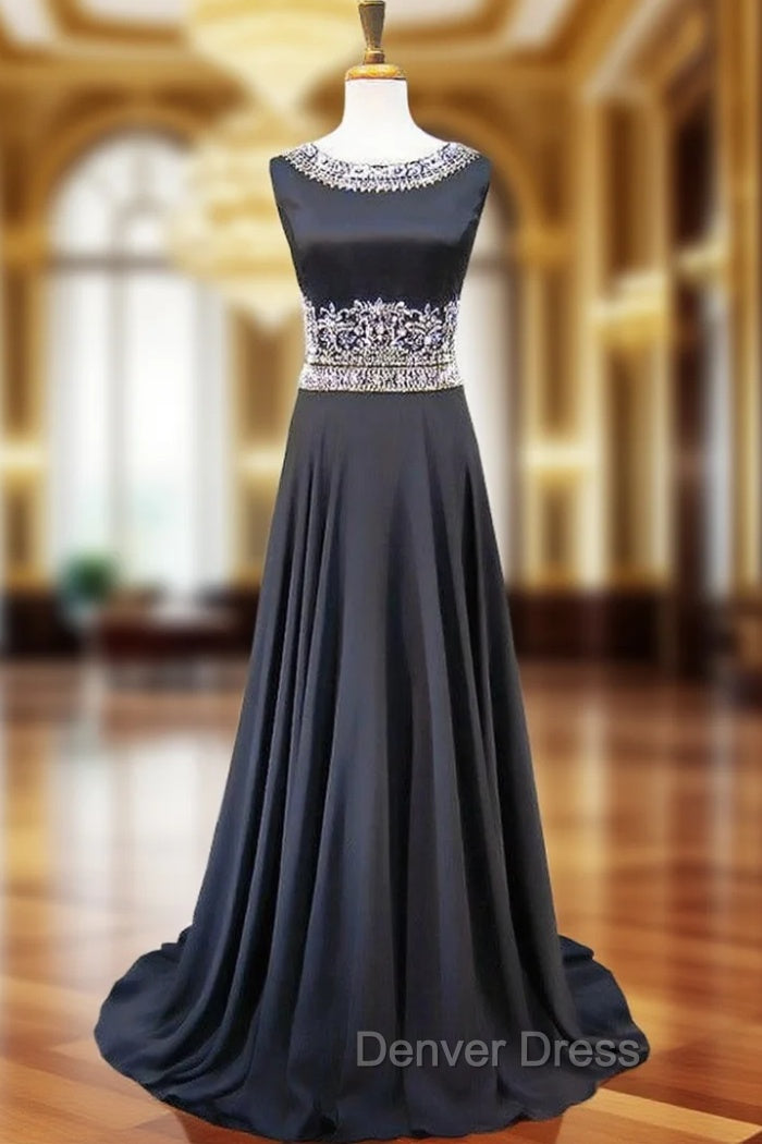 A-line Bling Bling Beaded Crystals Floor Length Black Prom Dresses Main image