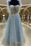 A Line Blue And Gold Appliqed Long Prom Dress