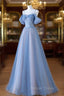 A-line Blue and Pink Beaded Tulle Long Party Dresses, Blue Prom Dresses