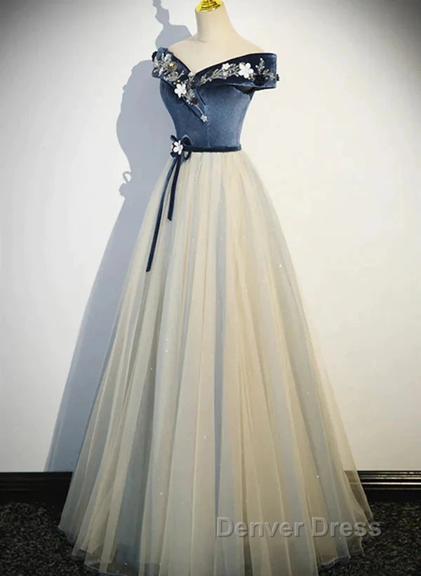 A Line Blue Grey Sequins Off Shoulder Long Prom Dress Velevet Long Prom Dresses