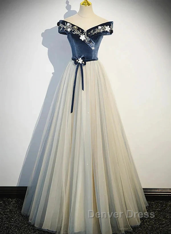 A Line Blue Grey Sequins Off Shoulder Long Prom Dress Velevet Long Prom Dresses