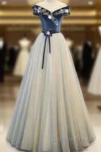 A Line Blue Grey Sequins Off Shoulder Long Prom Dress Velevet Long Prom Dresses