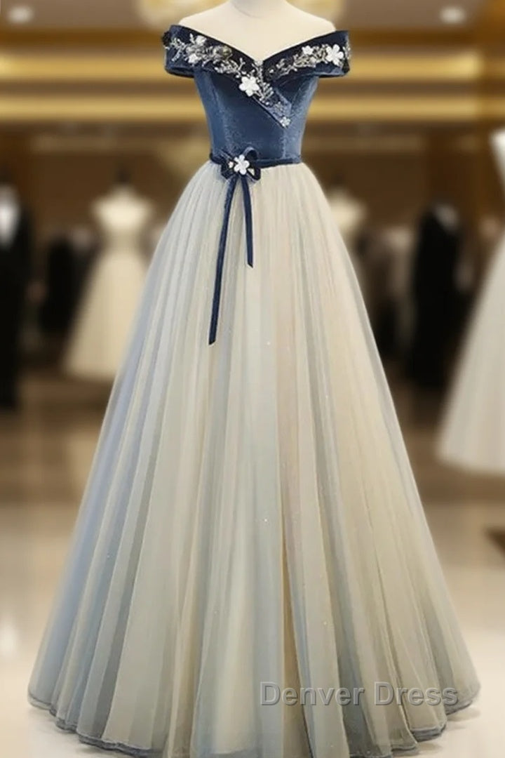 A Line Blue Grey Sequins Off Shoulder Long Prom Dress Velevet Long Prom Dresses