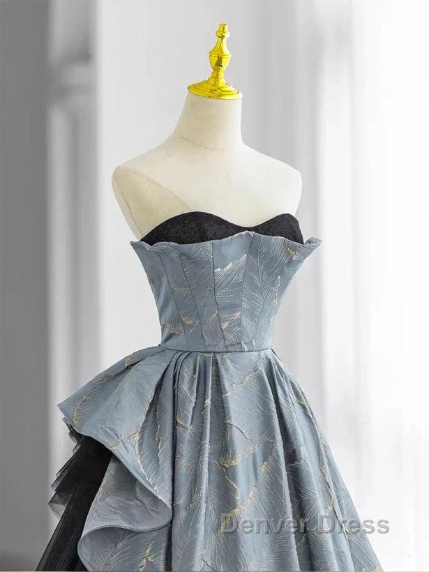 A Line Blue Grey Sweetheart Long Prom Dress Floor Length Tulle Prom Dresses