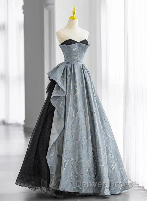 A Line Blue Grey Sweetheart Long Prom Dress Floor Length Tulle Prom Dresses