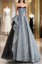 A Line Blue Grey Sweetheart Long Prom Dress Floor Length Tulle Prom Dresses