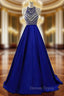 A-Line Blue Halter Satin Beading Prom Dresses With Pocket
