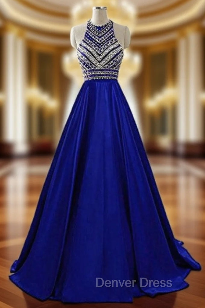 A Line Blue Halter Satin Beading Prom Dresses With Pocket Main image