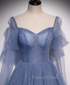 A line Blue Long Prom Dresses, Blue Formal Graduation Dresses with Beading