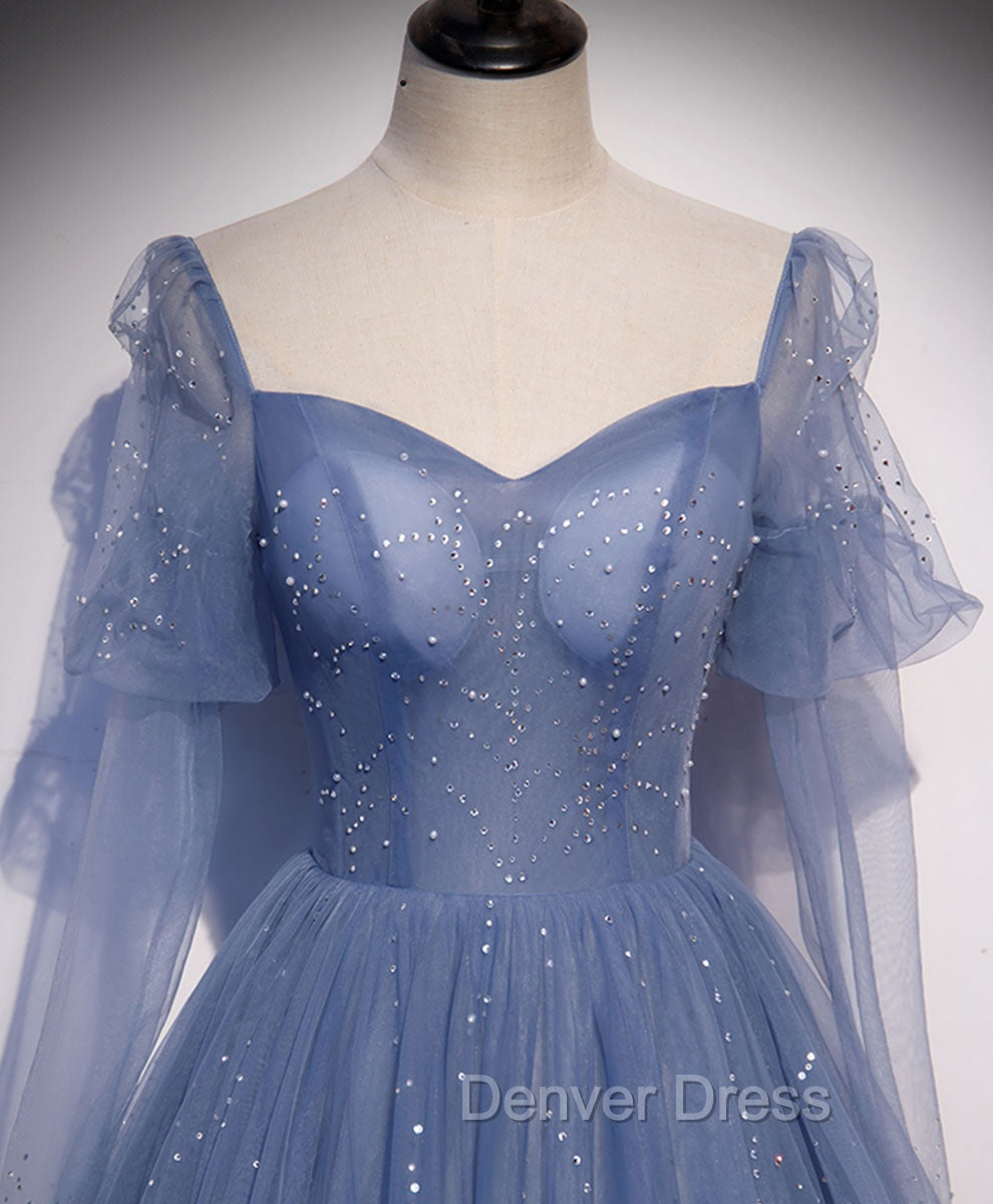 A Line Blue Long Prom Dress, Blue Prom Graduation Dresses with Beading Secondary image