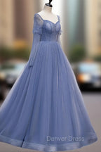 A line Blue Long Prom Dresses, Blue Formal Graduation Dresses with Beading