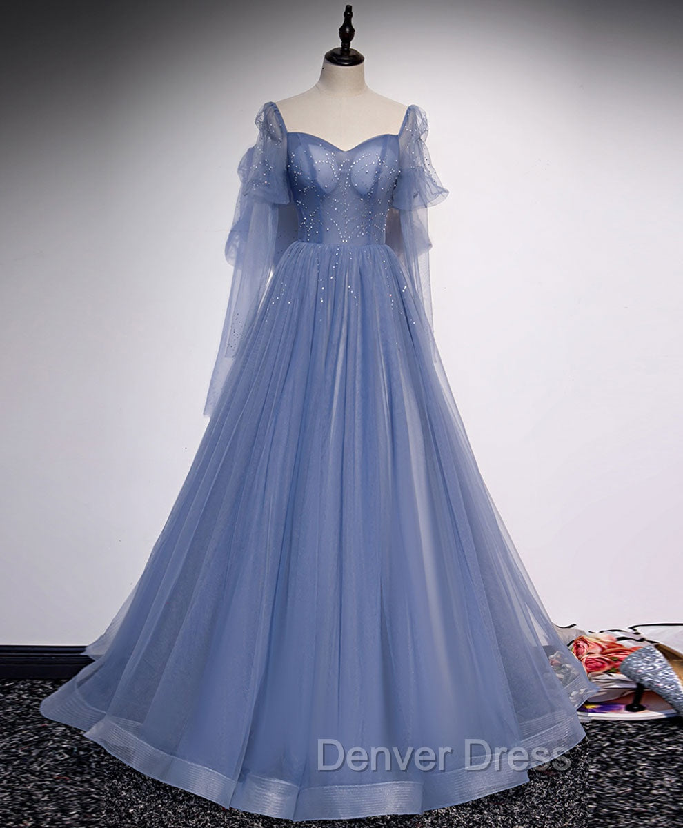 A line Blue Long Prom Dresses, Blue Formal Graduation Dresses with Beading Main image