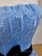 A Line Blue Long Prom Dress, Tulle Sequin Long Blue Prom Dresses
