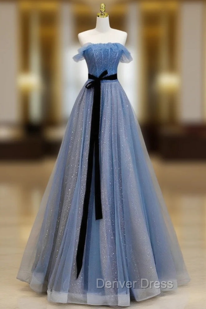 A-Line Blue Long Prom Dresses, Tulle Sequin Long Blue Formal Evening Dresses