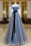 A-Line Blue Long Prom Dresses, Tulle Sequin Long Blue Formal Evening Dresses
