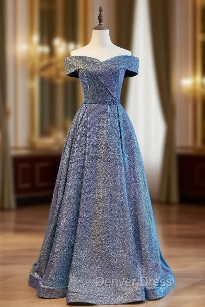 A-Line Blue Off the Shoulder Prom Dresses