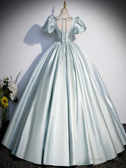 A-Line Blue Satin Long Prom Dress, Blue Long Formal Dress