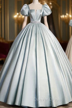 A-Line Blue Satin Long Prom Dresses, Blue Long Formal Dresses