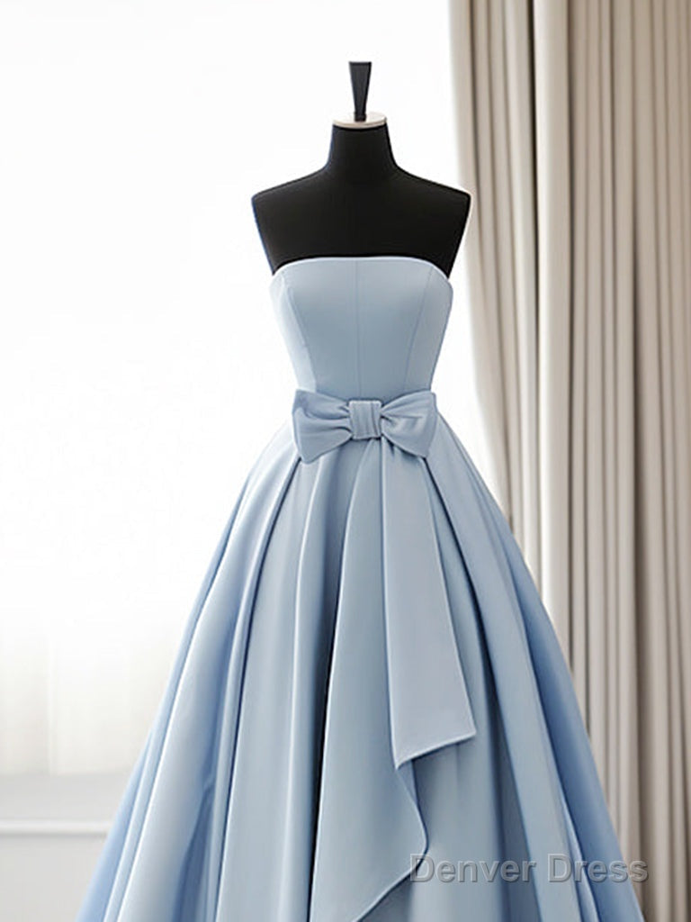A Line Blue Satin Long Prom Dress, Simple Satin Long Prom Dresses