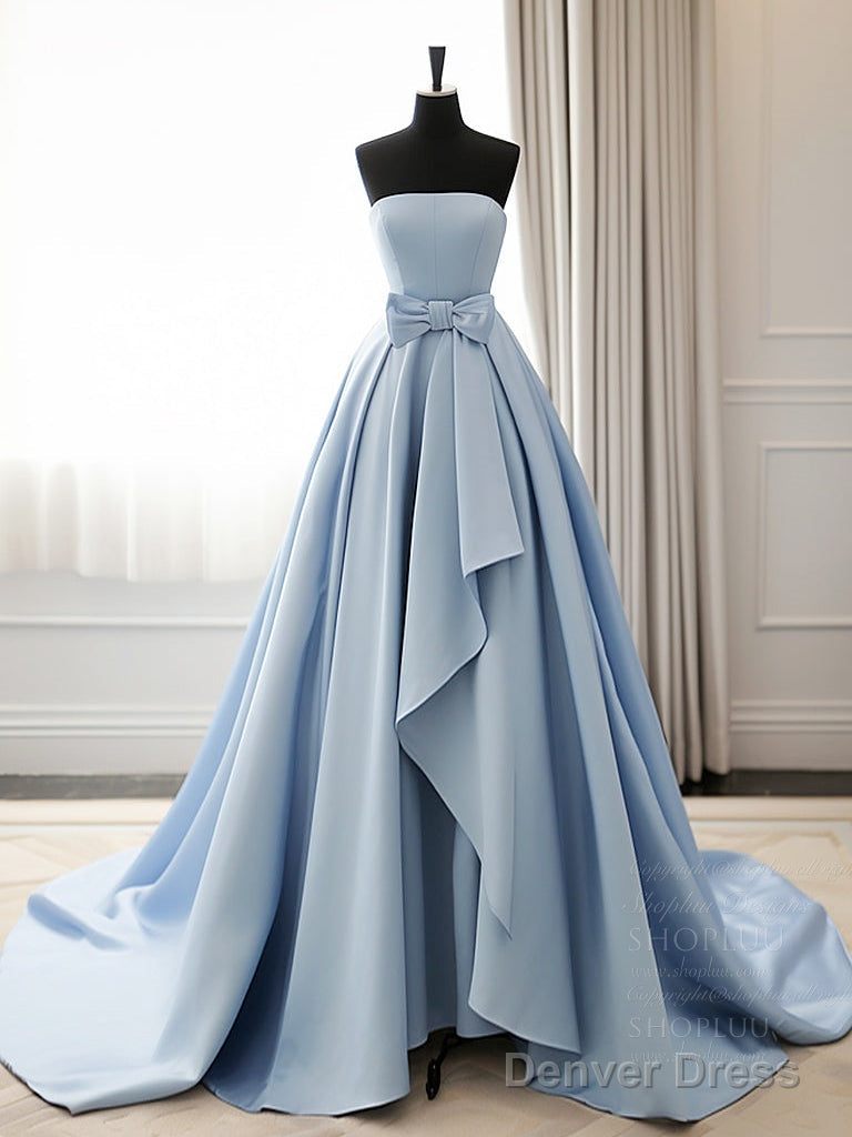 A Line Blue Satin Long Prom Dress, Simple Satin Long Prom Dresses
