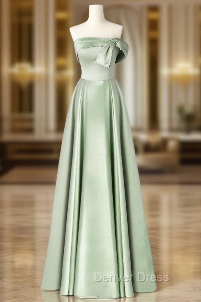 A-Line Blue Satin Long Prom Dresses, Blue Formal Evening Dresses