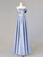 A-Line Blue Satin Long Prom Dresses, Blue Formal Evening Dresses