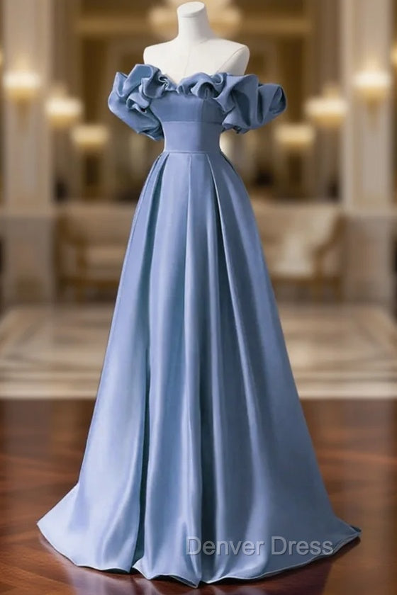 A Line Blue Satin Off Shoulder Long Prom Dress, Long Prom Dress Main image