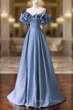 A Line Blue Satin Off Shoulder Long Prom Dress, Long Prom Dress