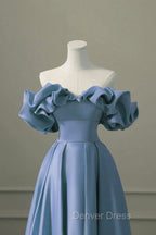 A Line Blue Satin Off Shoulder Long Prom Dress, Long Prom Dress