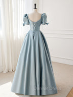 A Line Blue Satin Puffy Sleeve Long Prom Dress, Blue Prom Dresses