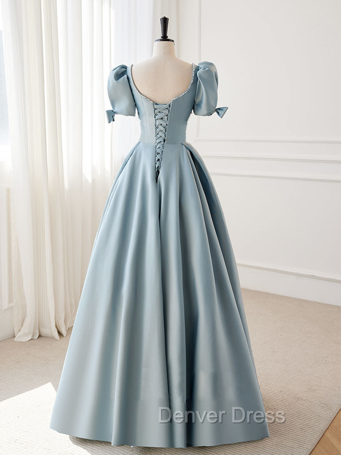 A Line Blue Satin Puffy Sleeve Long Prom Dress, Blue Prom Dresses