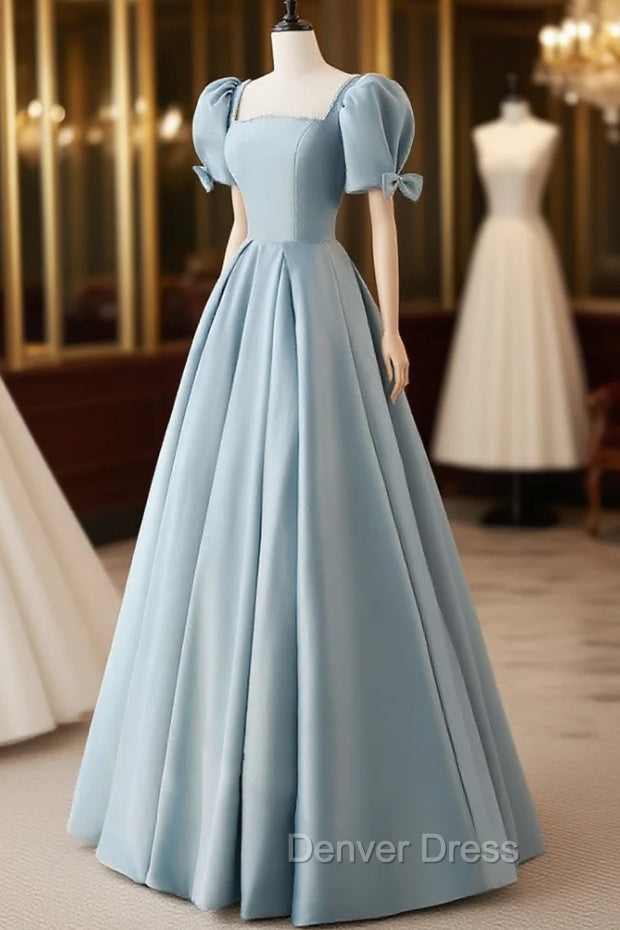 A-Line Blue Satin Puffy Sleeve Long Prom Dresses, Blue Formal Dresses Main image