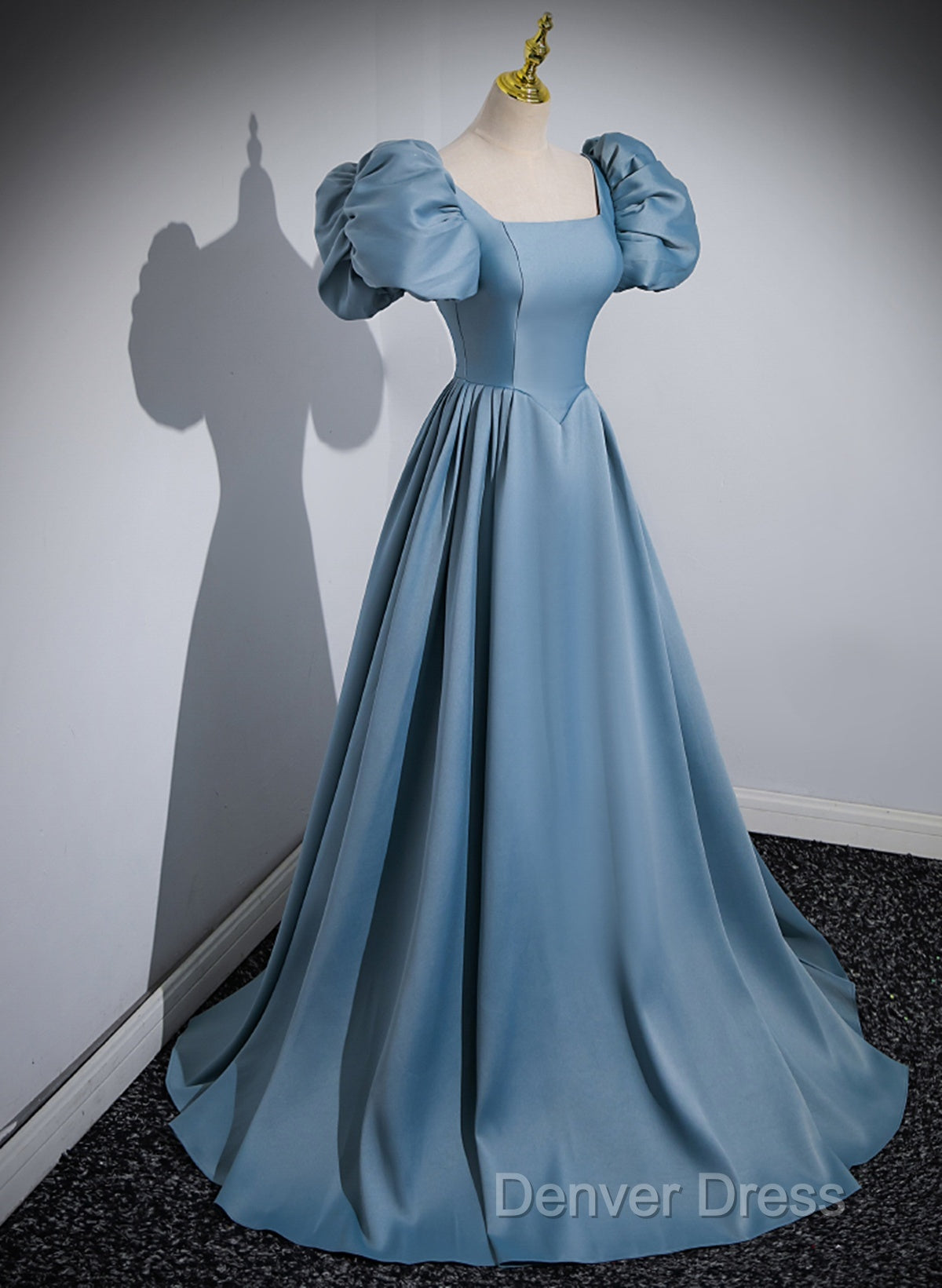 A Line Blue Satin Short Sleeves Long Prom Dress, Blue Short Sleeves Prom Dresses