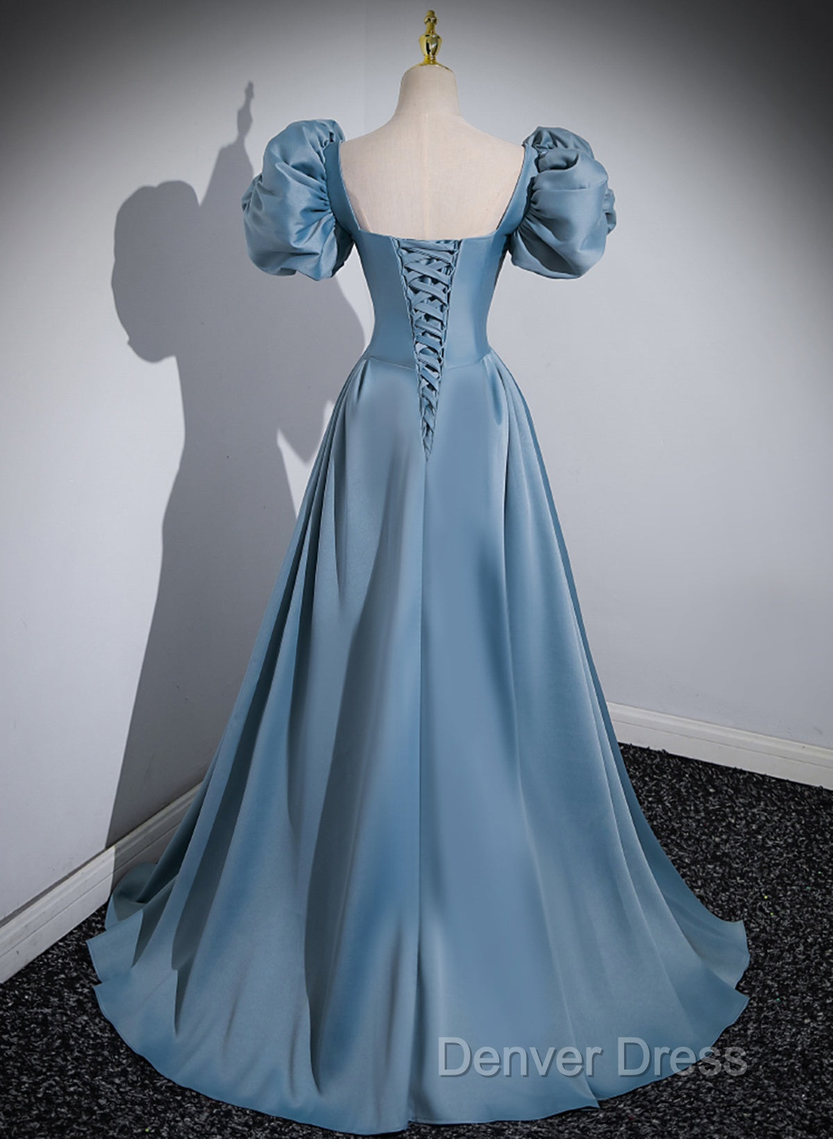 A Line Blue Satin Short Sleeves Long Prom Dress, Blue Short Sleeves Prom Dresses