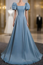 A Line Blue Satin Short Sleeves Long Prom Dress, Blue Short Sleeves Prom Dresses