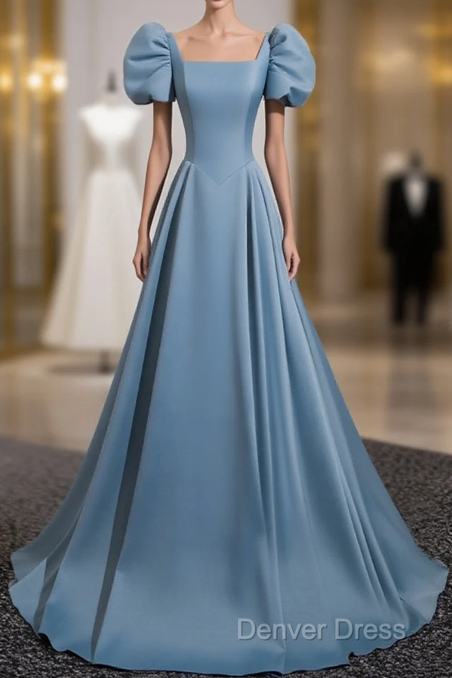 A Line Blue Satin Short Sleeves Long Prom Dress, Blue Short Sleeves Prom Dresses