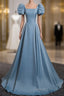 A Line Blue Satin Short Sleeves Long Prom Dress, Blue Short Sleeves Prom Dresses