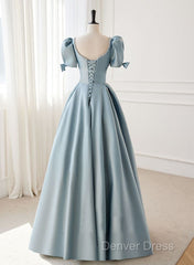 A-Line Blue Satin Short Sleevs Long Formal Dress, Blue Simple Floor Length Prom Dress
