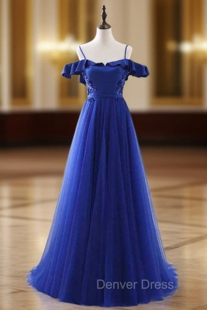 A Line Blue Satin Tulle Spaghetti Straps Appliques Prom Dresses