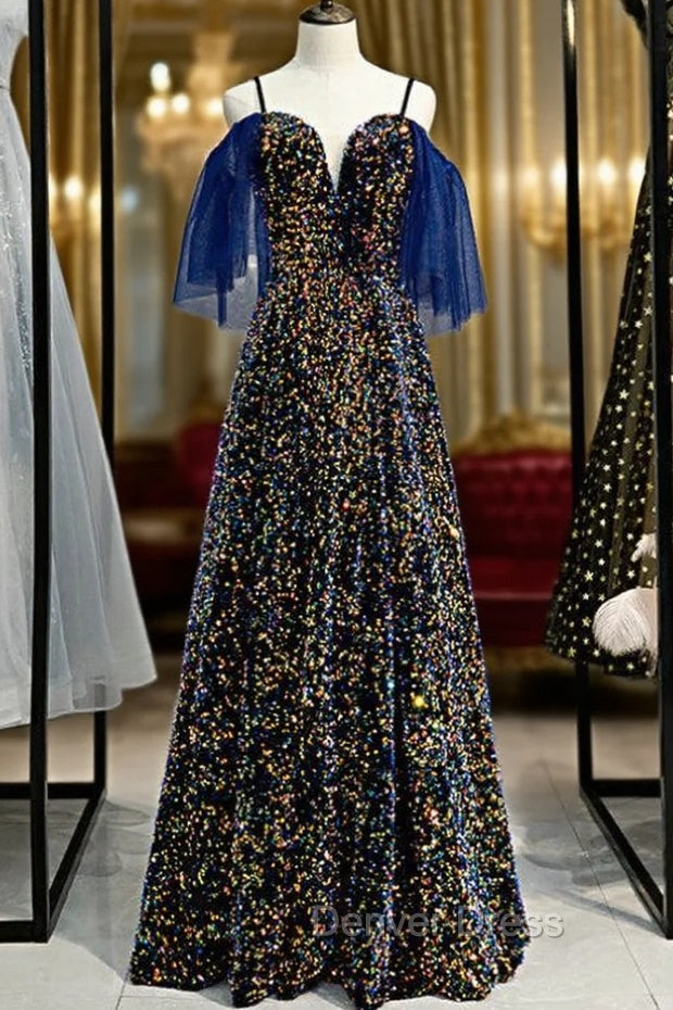 A-Line Blue Sequins Spaghetti Straps V-neck Prom Dresses