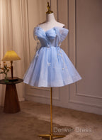 A-Line Blue Short Off Shoulder Knee Length Homecoming Dresses, Blue Short Prom Dresses