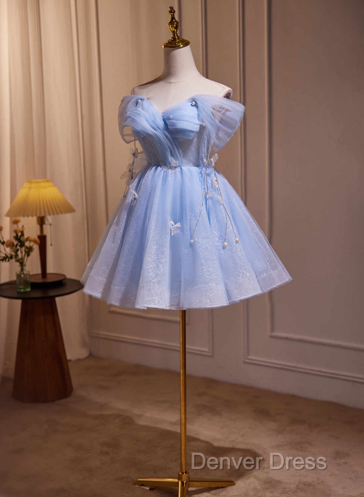 A-Line Blue Short Off Shoulder Knee Length Homecoming Dresses, Blue Short Prom Dresses