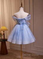A-Line Blue Short Off Shoulder Knee Length Homecoming Dress, Blue Short Prom Dresses