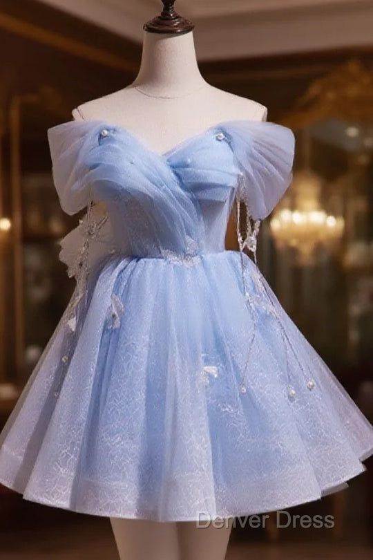 A-Line Blue Short Off Shoulder Knee Length Homecoming Dresses, Blue Short Prom Dresses Main image