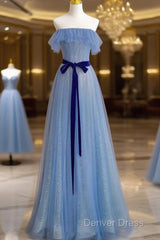 A-Line Blue Simple Off Shoulder Floor Length Prom Dress, Blue Long Party Dress