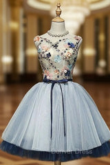 A-Line Blue Tulle Appliques Backless Homecoming Dresses