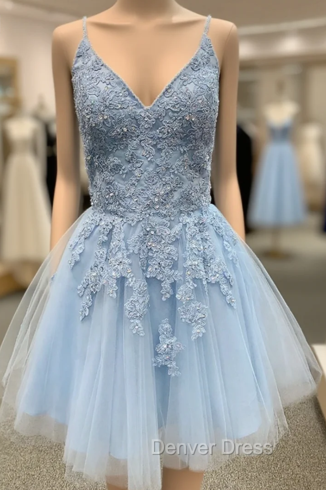 A-Line Blue Tulle Appliuqes Spaghetti Straps Beading Homecoming Dresses Main image